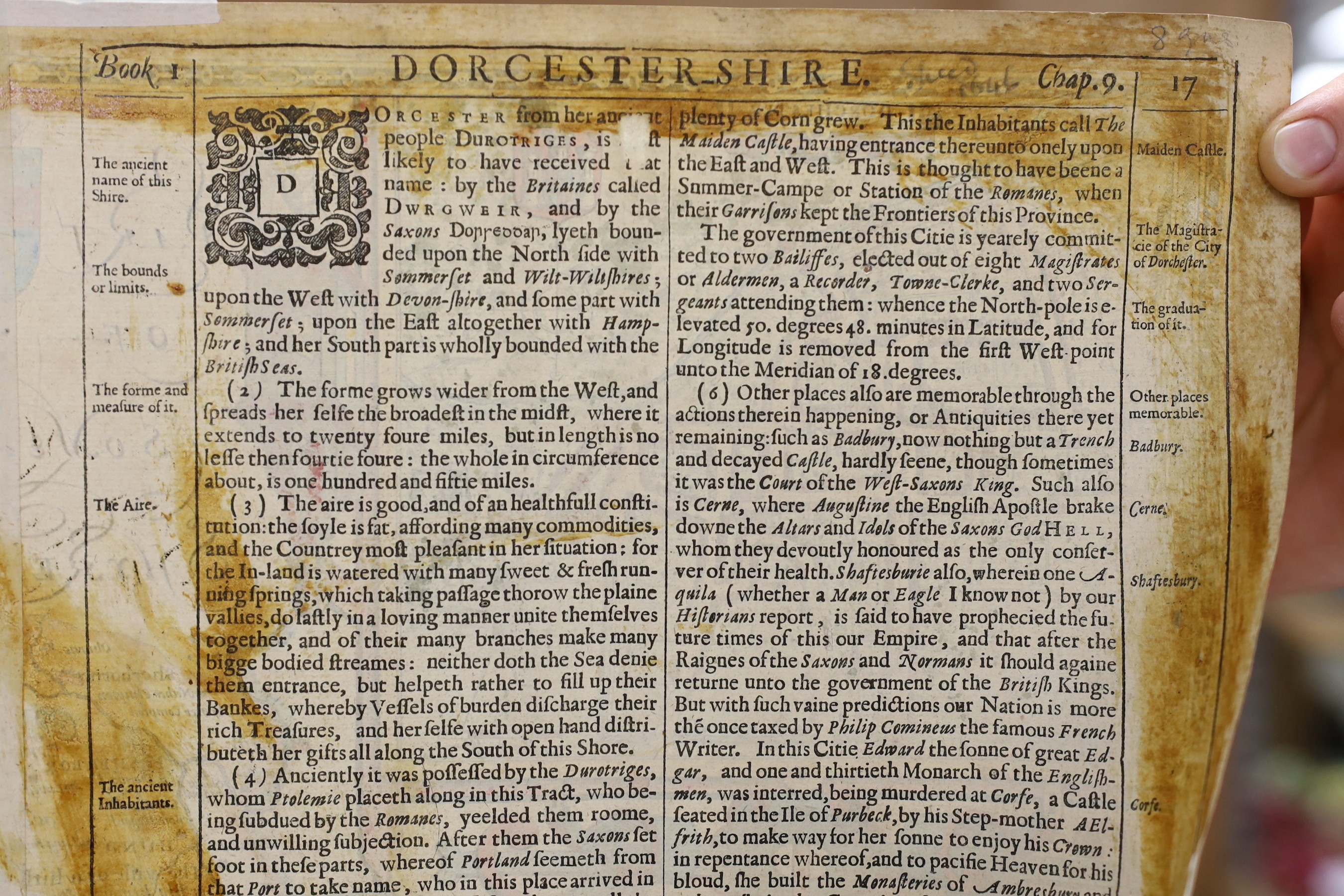John Speed, (1552-1629) Dorsetshyre, hand coloured map, with the Shire-towne Dorchester described, 40.5cm X 53cm